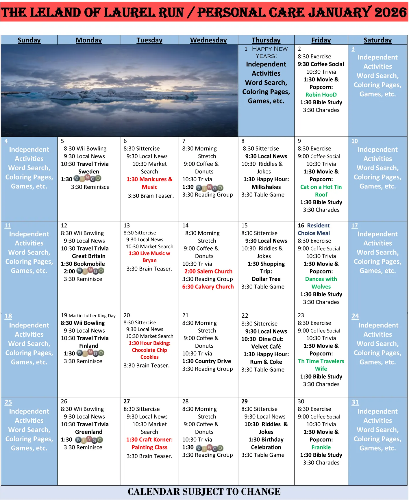 January Personal Care Calendar 2026