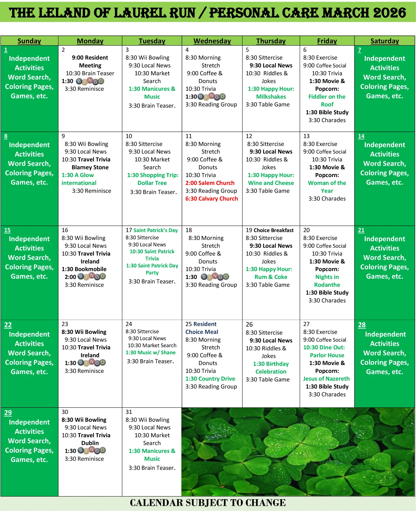 March Personal Care Calendar 2026