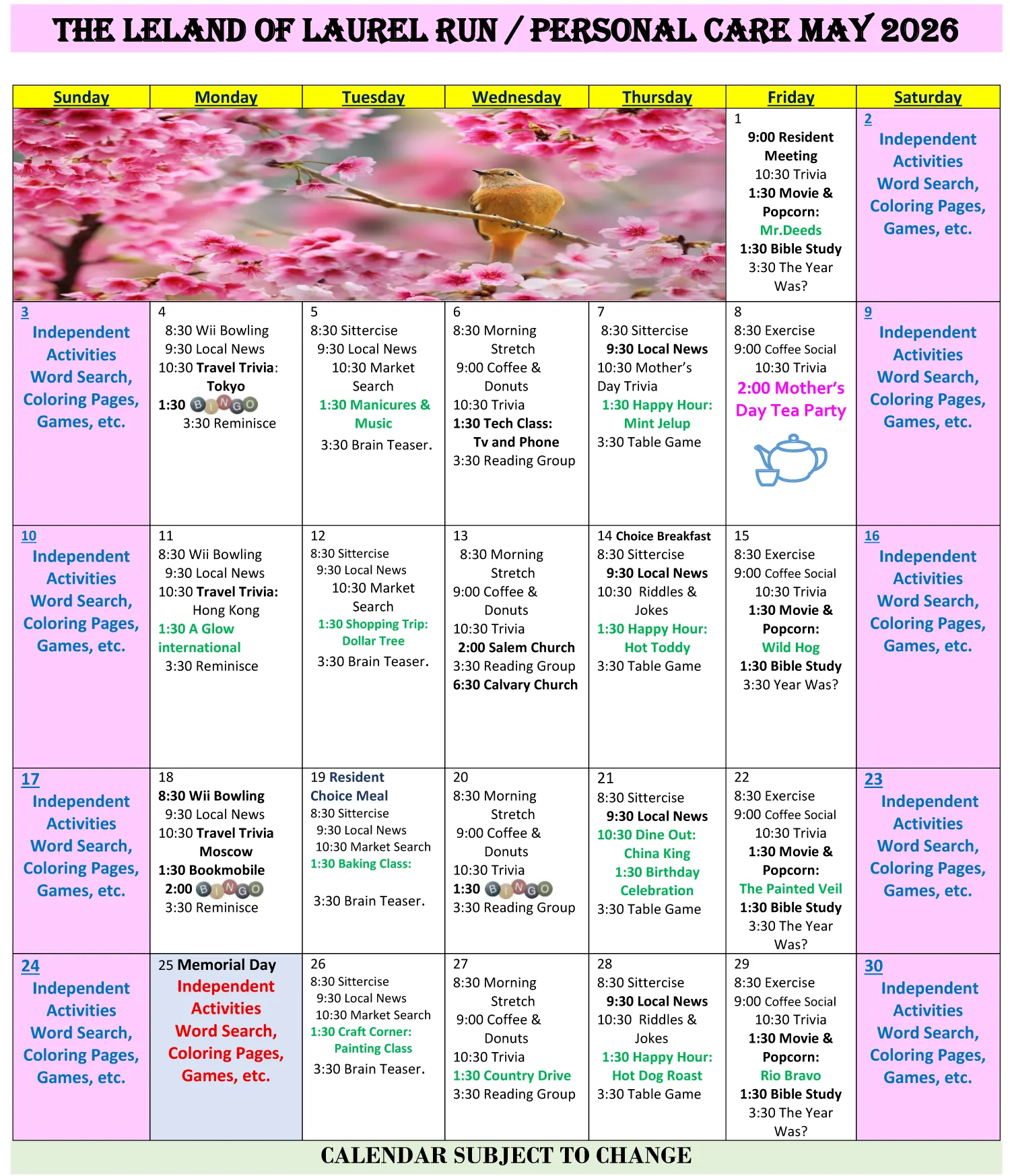 May Personal Care Calendar 2026