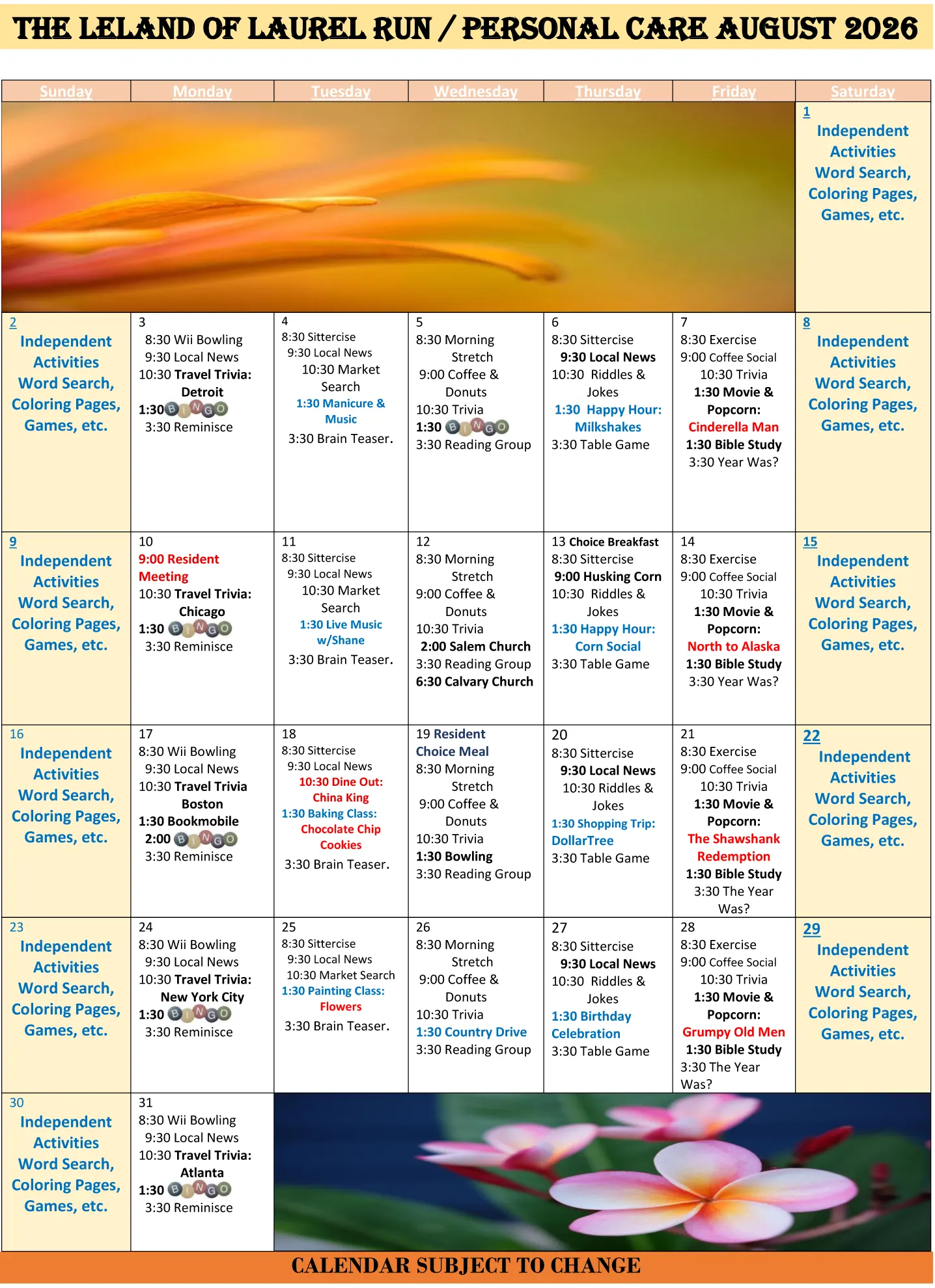 August Personal Care Calendar 2026